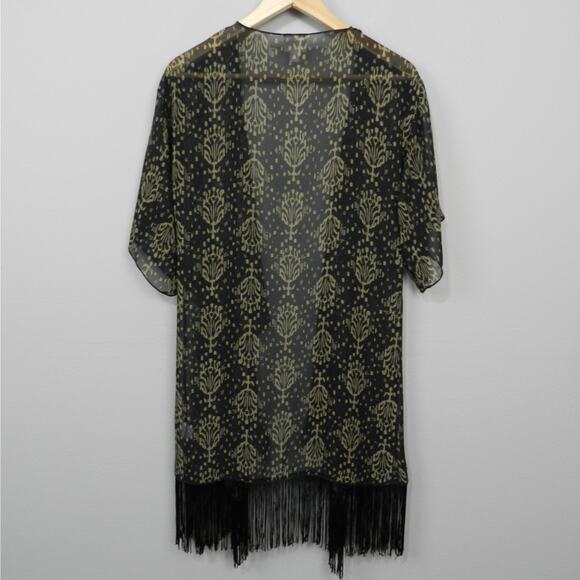 LuLaRoe Monroe Kimono Sheer Fringe Swim Cover Up Size S Black Beige Batik - Picture 10 of 12